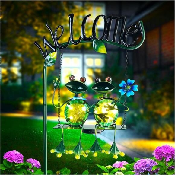 Outdoor Garden Solar Lights, Frog Swing Garden Decor, Stake with Welcome Sign